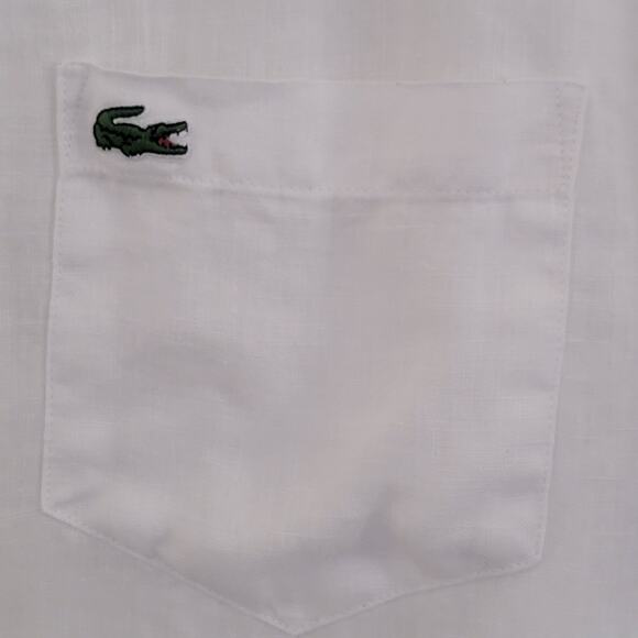 Lacoste Linen Short Sleeve Casual Button Down Cream White Sz Large Logo Beachy - Picture 7 of 16